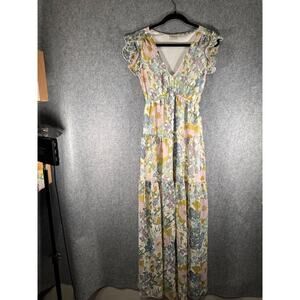 Aura Dress Women Small Short Sleeve Tiered Floral‎ V Neck Boho Feminine Relax